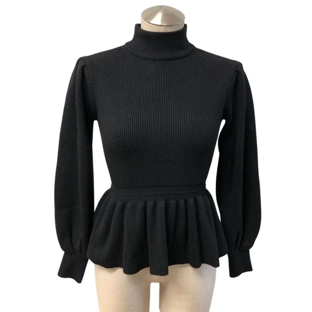 Hyacinth House Peplum Sweater Womens XS Black Mock Neck Puff Sleeve Victorian